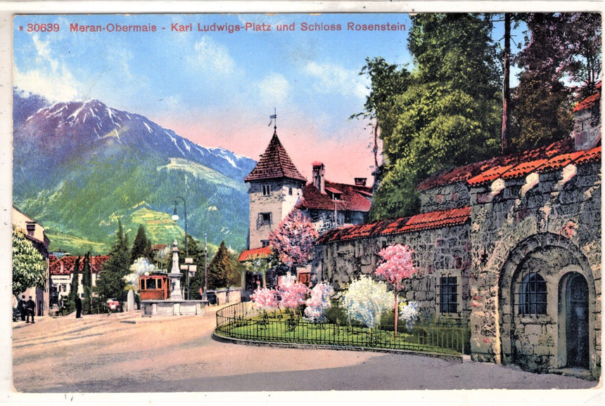 Cartolina antica Merano Obermais Karl Ludwigs platz und schloss Rosenstein