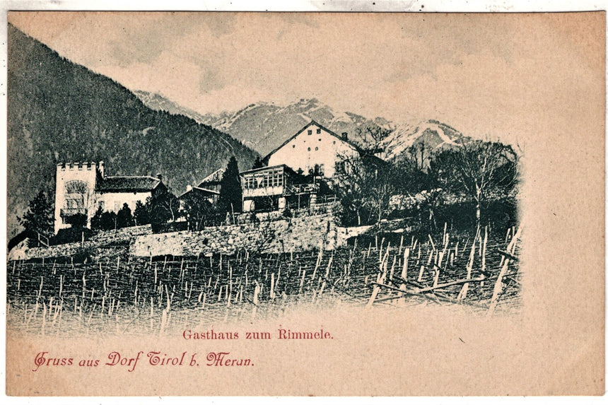 Cartolina antica Merano Gruss aus Dorf Tirol Gasthaus zum Rimmele