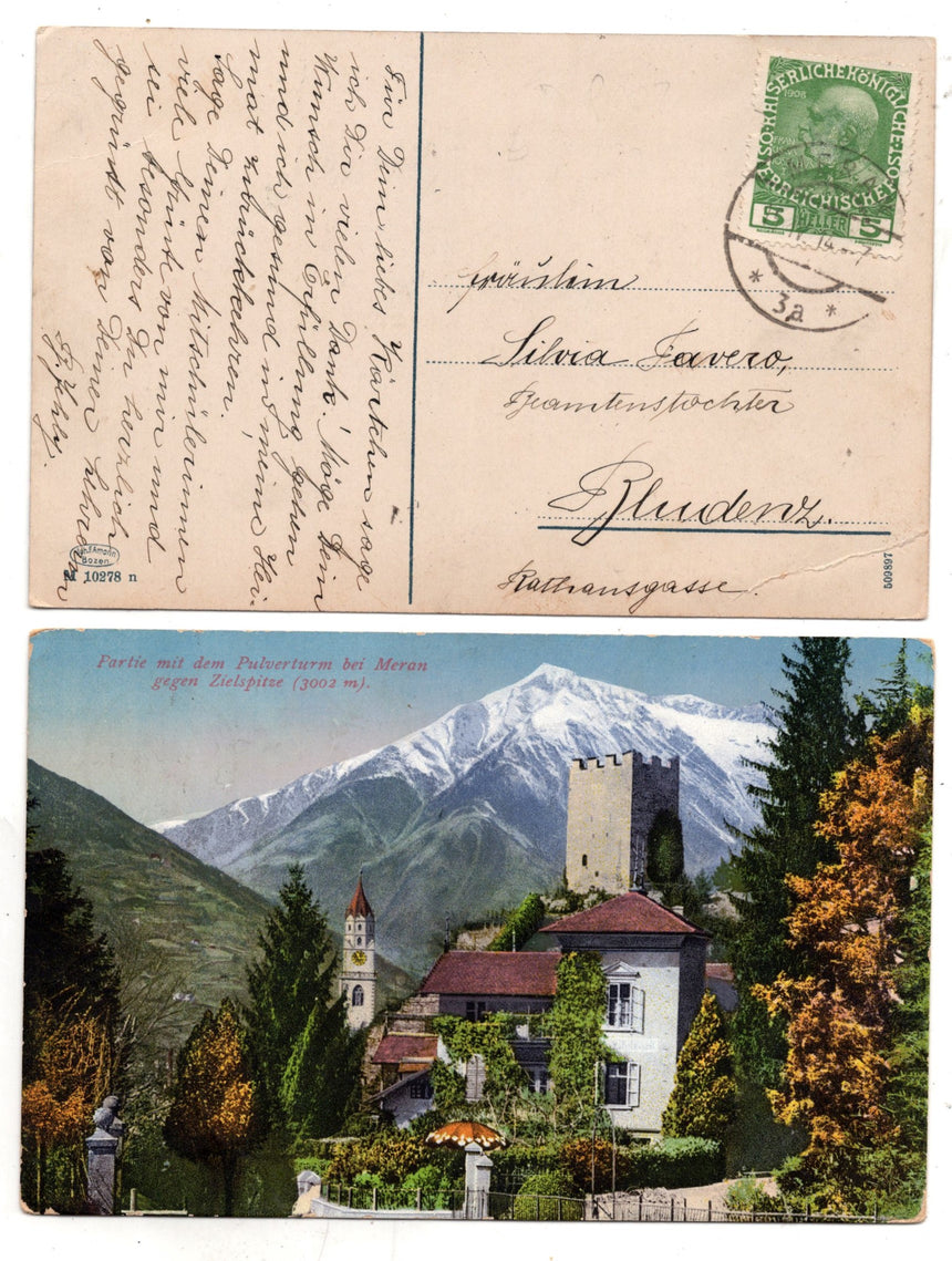Cartolina antica Merano partie mit dem Pulverturm bei Meran