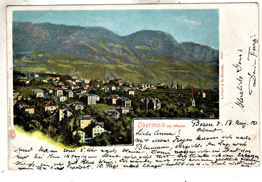 Cartolina antica Merano Obermais bei Meran spedita da Bozen 1900