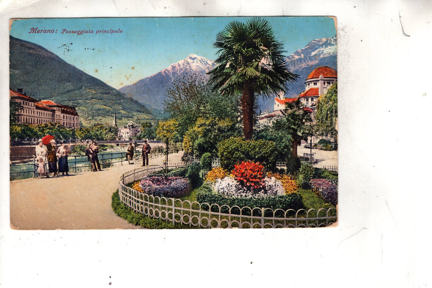 Cartolina antica Merano passeggiata principale Merano-Trento su 75 cens