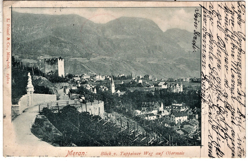Cartolina antica Merano blick vom Tappainerweg auf Obermais