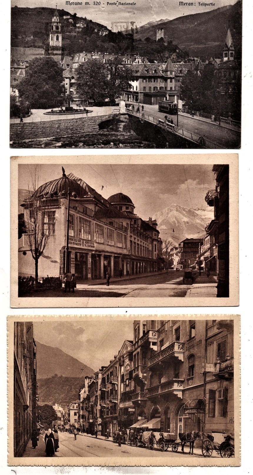 Cartolina antica Merano 3 cartoline via Corse via Goethe ponte Nazionale