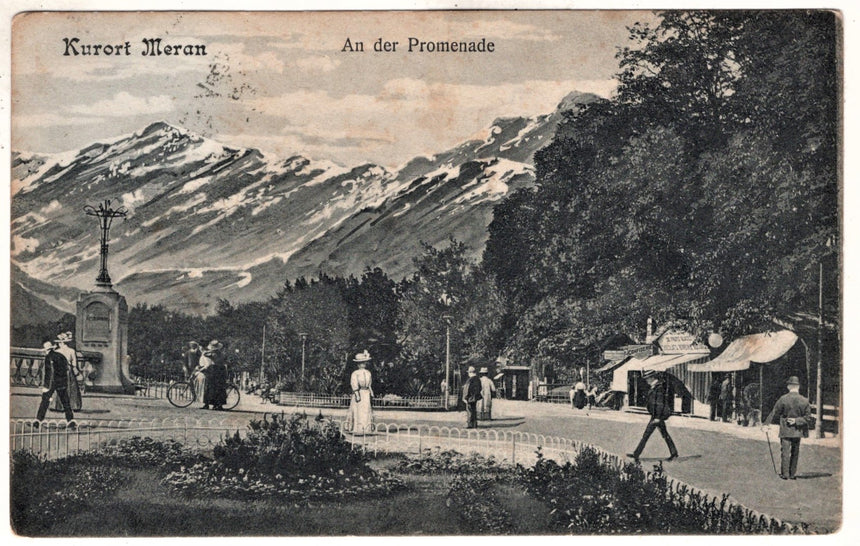 Cartolina antica Merano Kurort Meran an der promenade