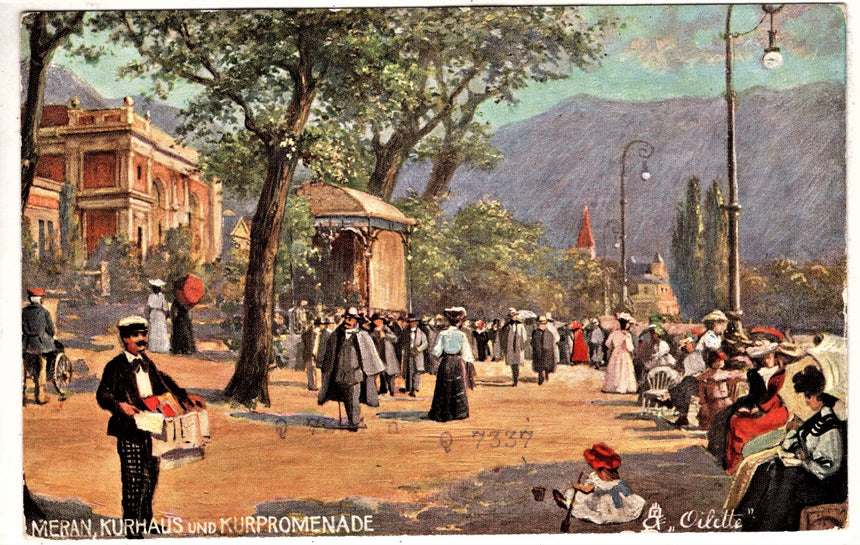 Cartolina antica Merano Meran Kurhaus und promenade Oilette