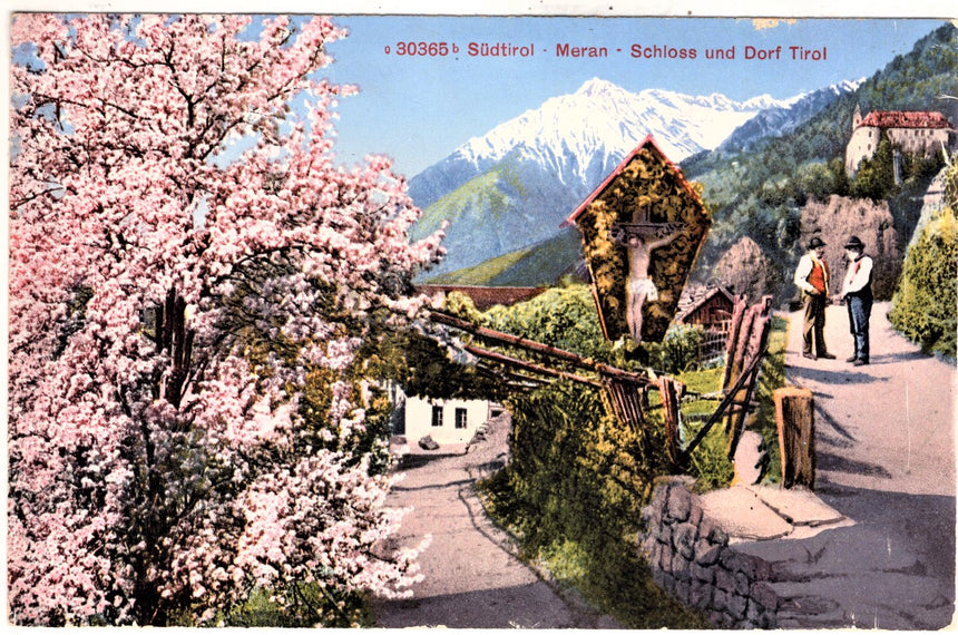 Cartolina antica Merano Schloss und Dorf Tirol in Meran