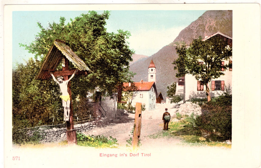 Cartolina antica Merano eingang in s Dorf Tirol