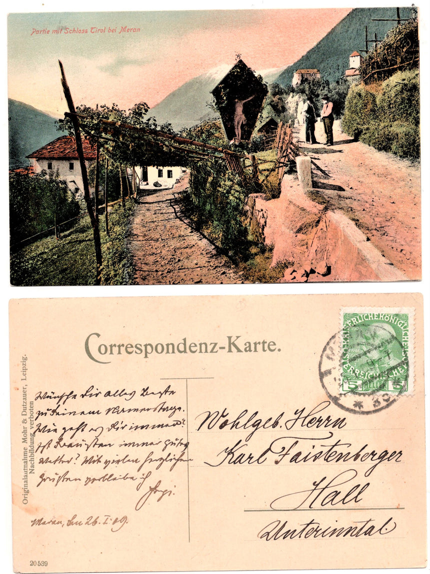Cartolina antica Merano partie mit Schloss Tirol bei Meran