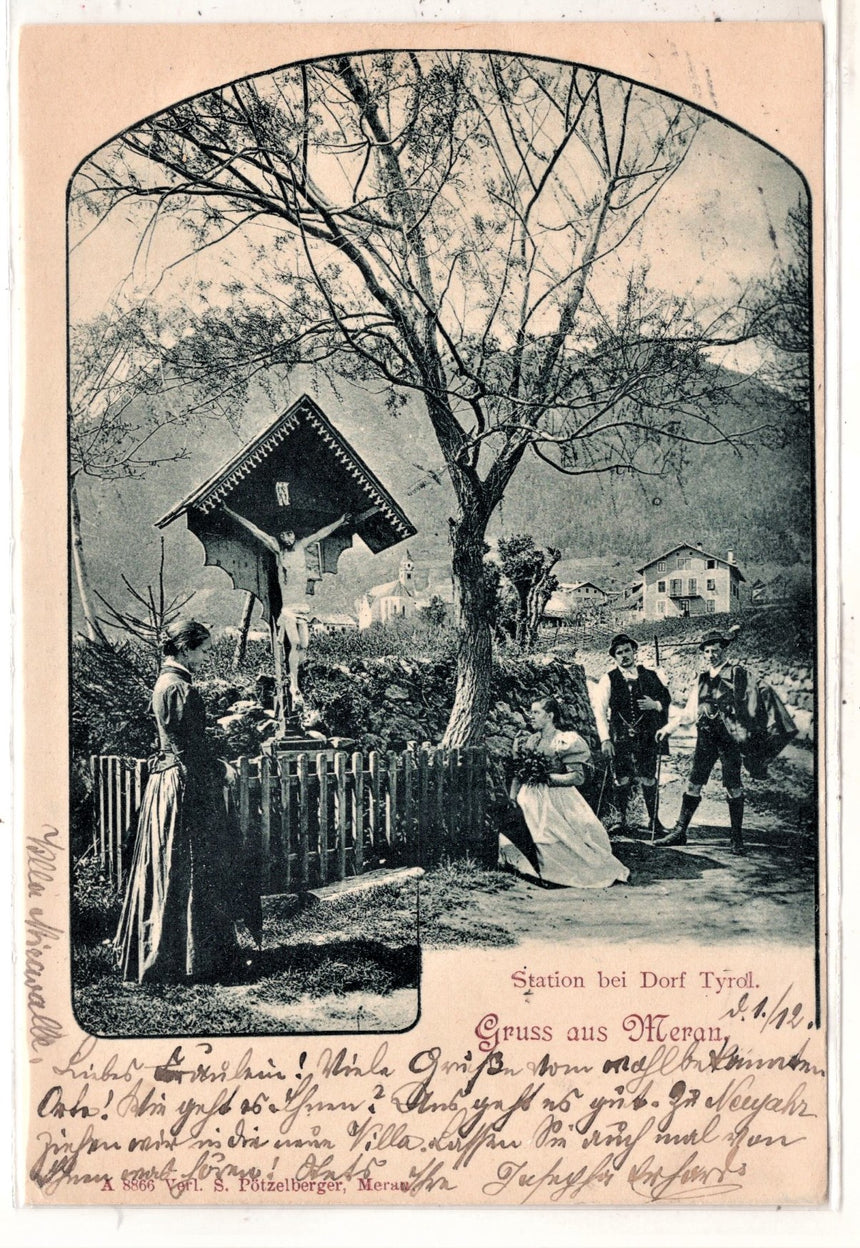 Cartolina antica Merano Gruss aus Meran station bei Dorf Tirol