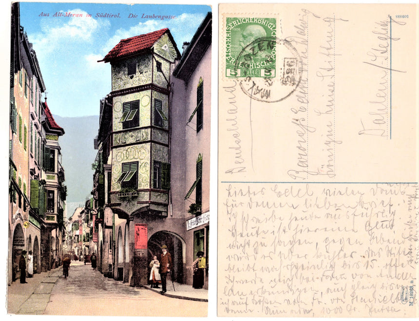 Cartolina antica Merano Meran Laubengasse timbro Mals Bozen