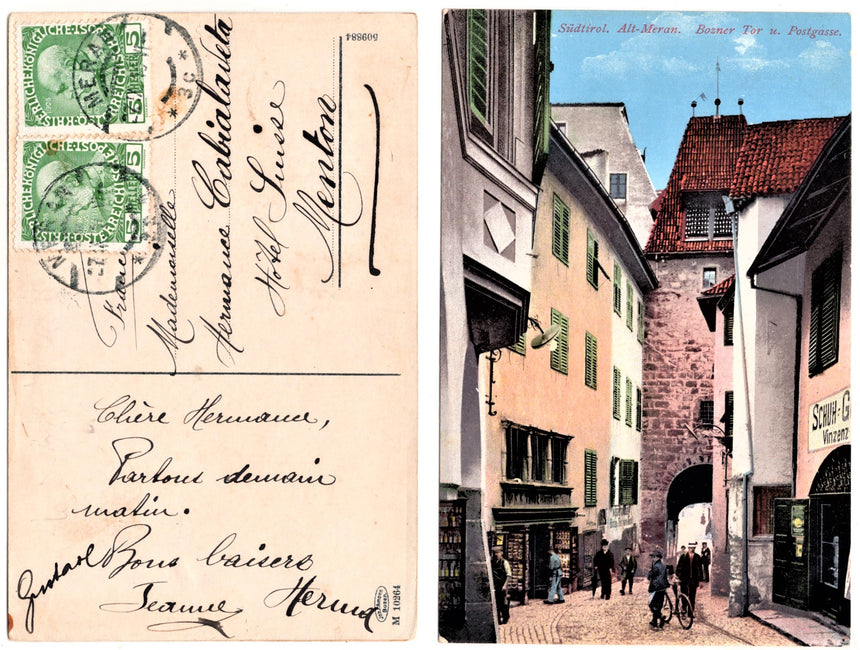 Cartolina antica Merano Meran Bozner Tor und Postgasse
