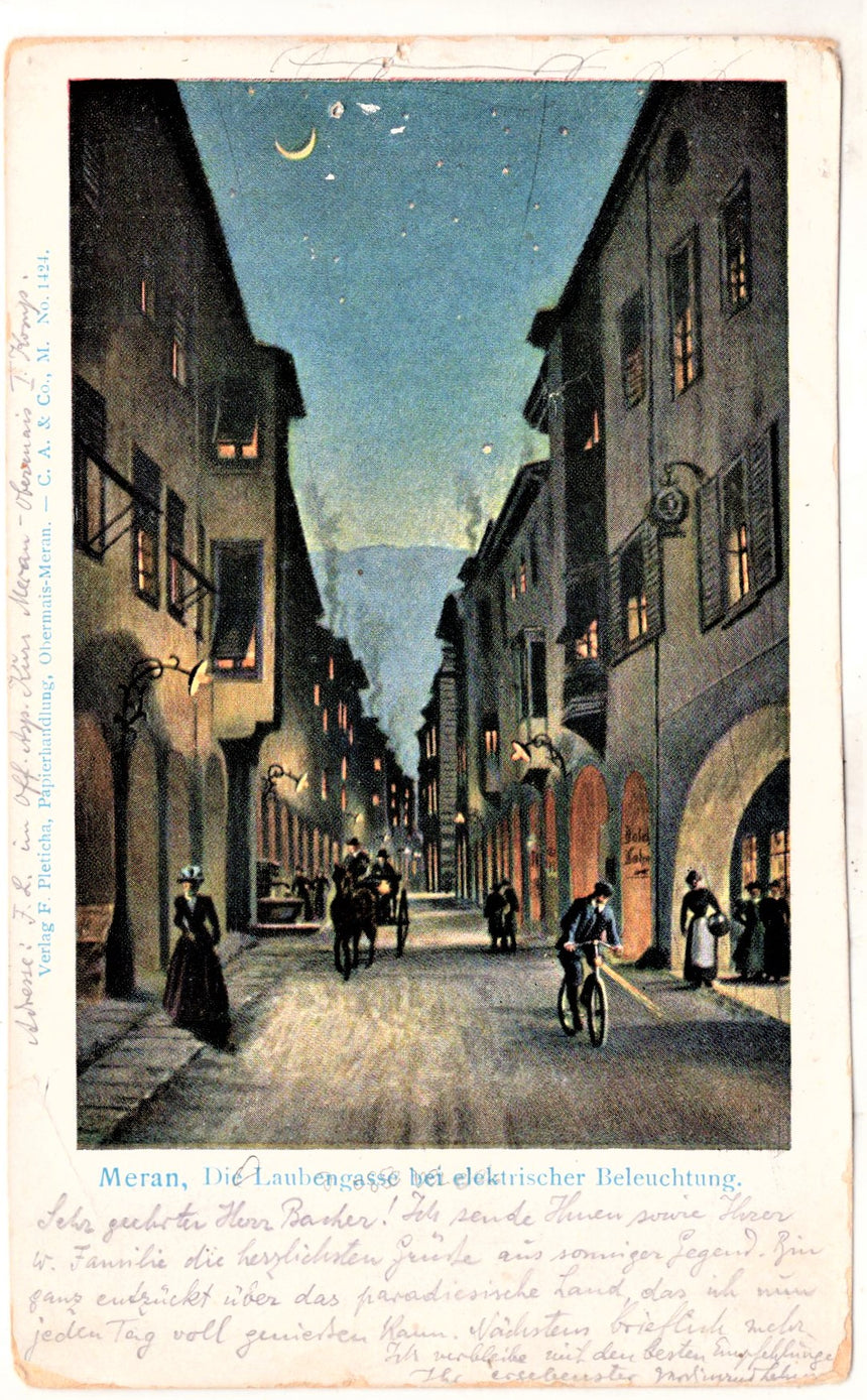 Cartolina antica Merano Meran die Laubengasse bei Elektrischer Beleuchtung