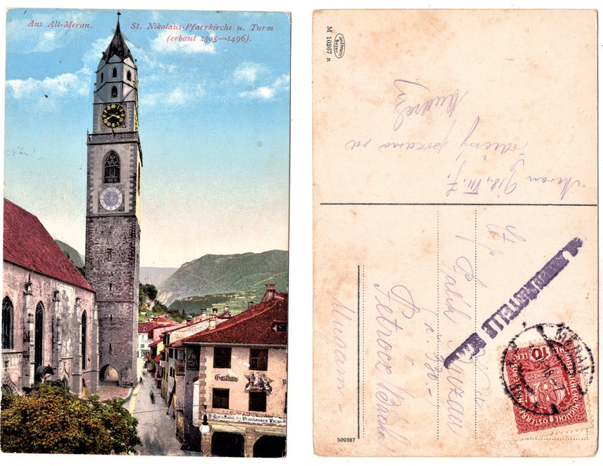 Cartolina antica Merano aus alt Meran St.Nikolaus Pfarrkirche