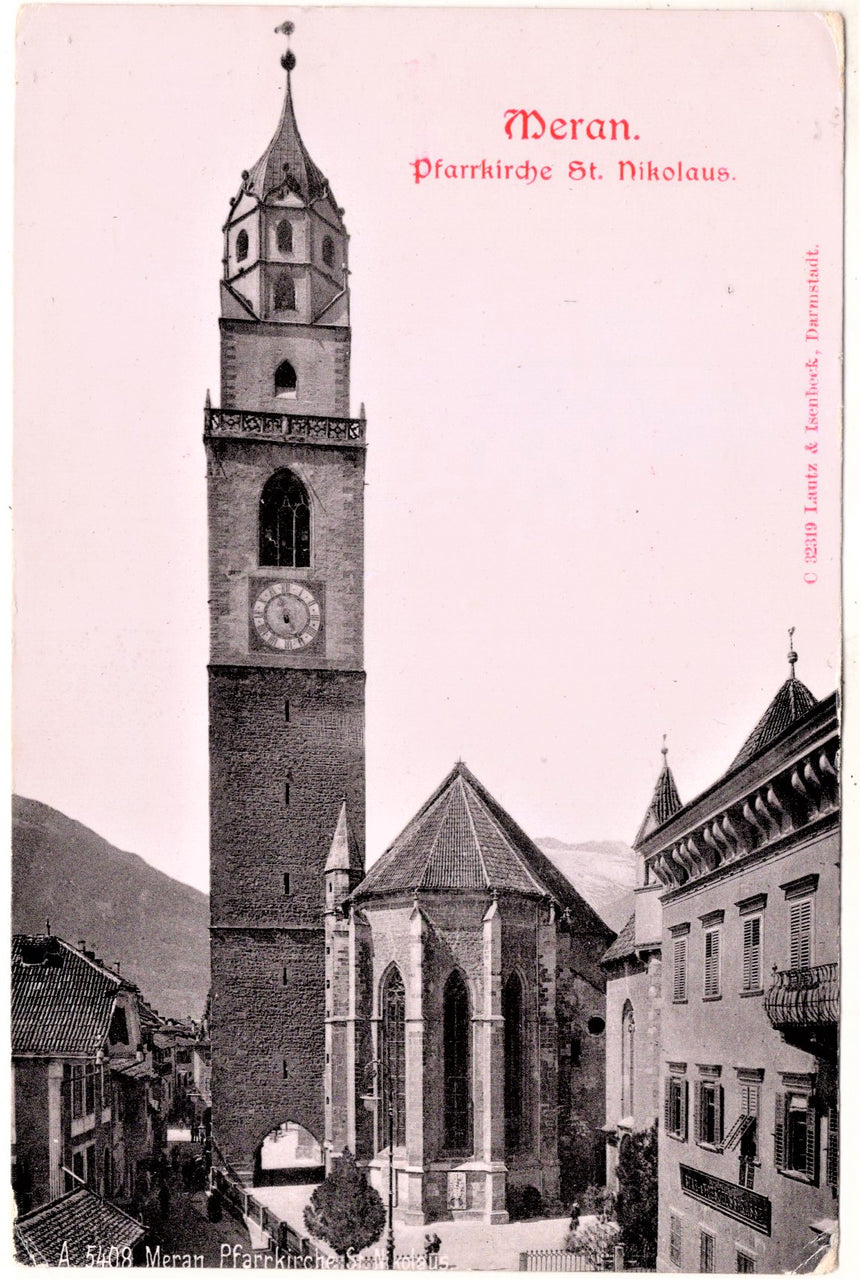Cartolina antica Merano Meran Pfarrkirche St. Nikolaus
