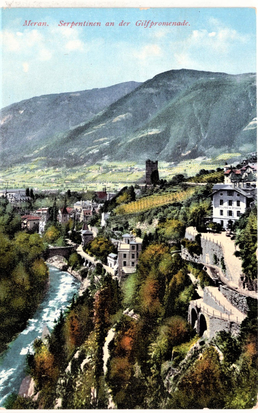 Cartolina antica Merano Serpentien an der Gilfpromenade in Maran
