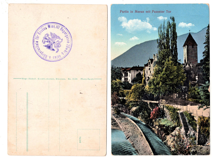 Cartolina antica Merano Partie in Meran mit Passier Tor