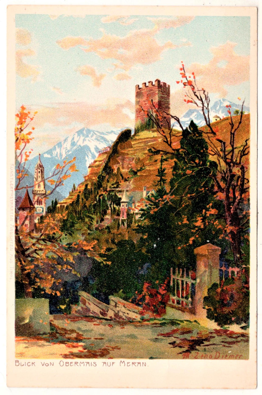 Cartolina antica Merano blick auf Obermais Meran Zeno Diemer
