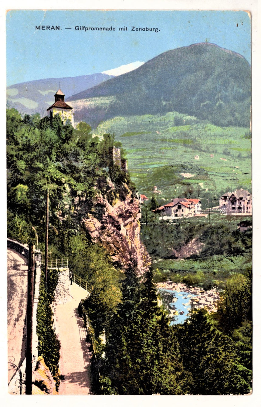 Cartolina antica Merano Gilfpromenade mit Zenoburg feldpost