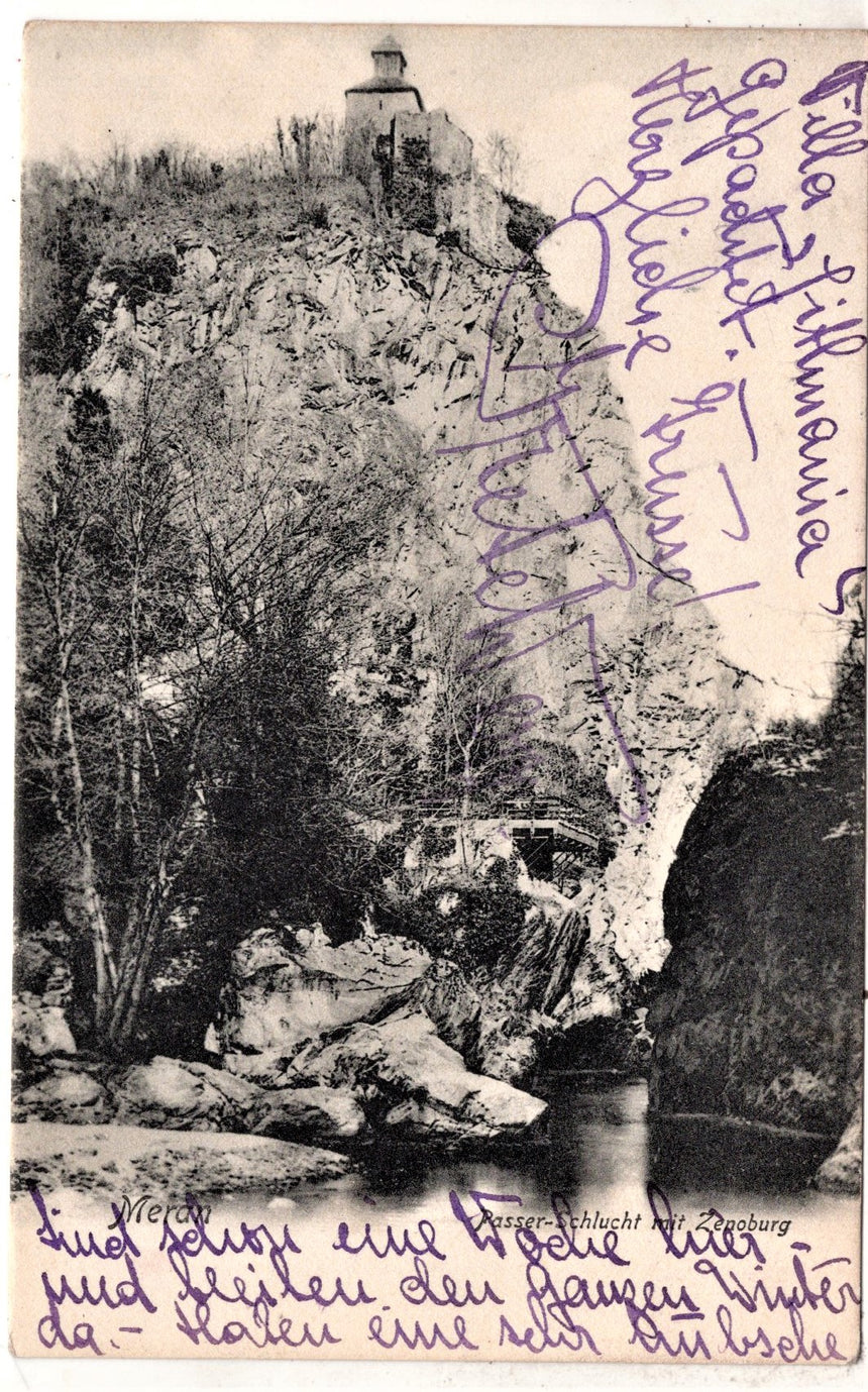 Cartolina antica Merano Passer Schlucht mit Zenoburg