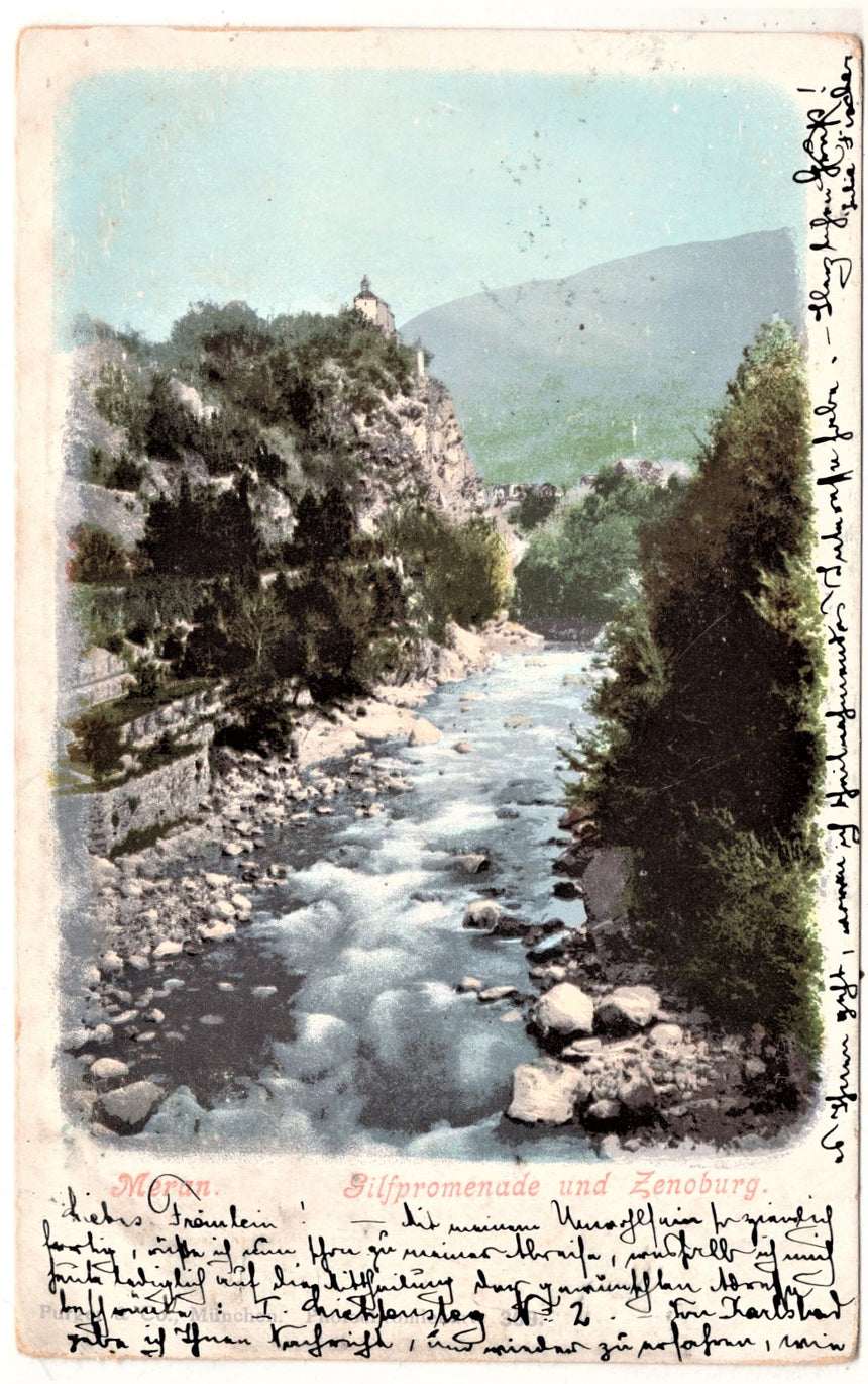 Cartolina antica Merano Gilfpromenade und Zenoburg