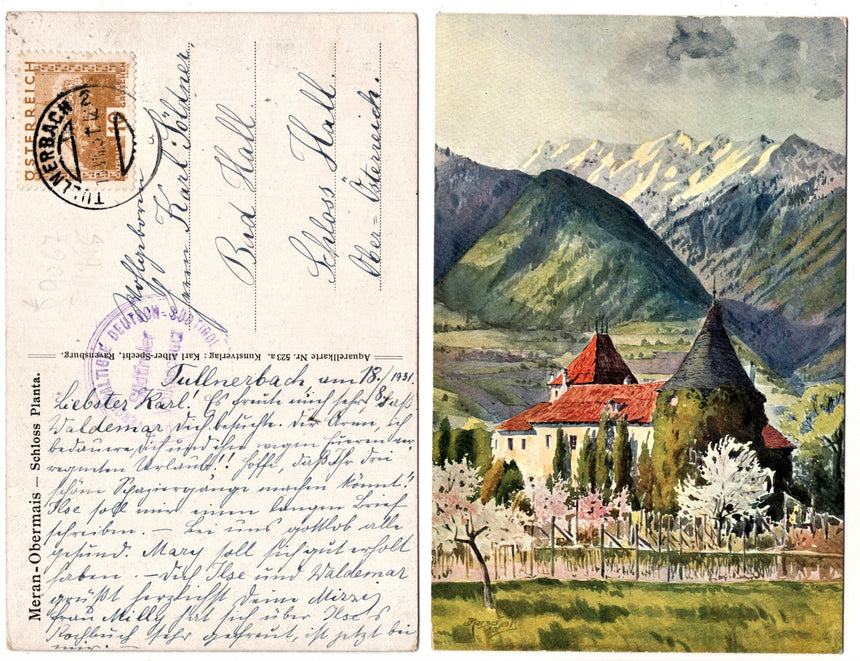 Cartolina antica Merano Meran Obermais Schloss Planta