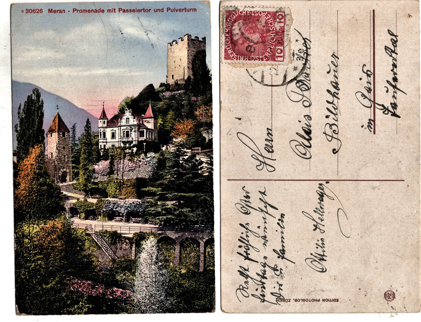 Cartolina antica Merano Meran promenade mit Passeirtor und Pulferturm