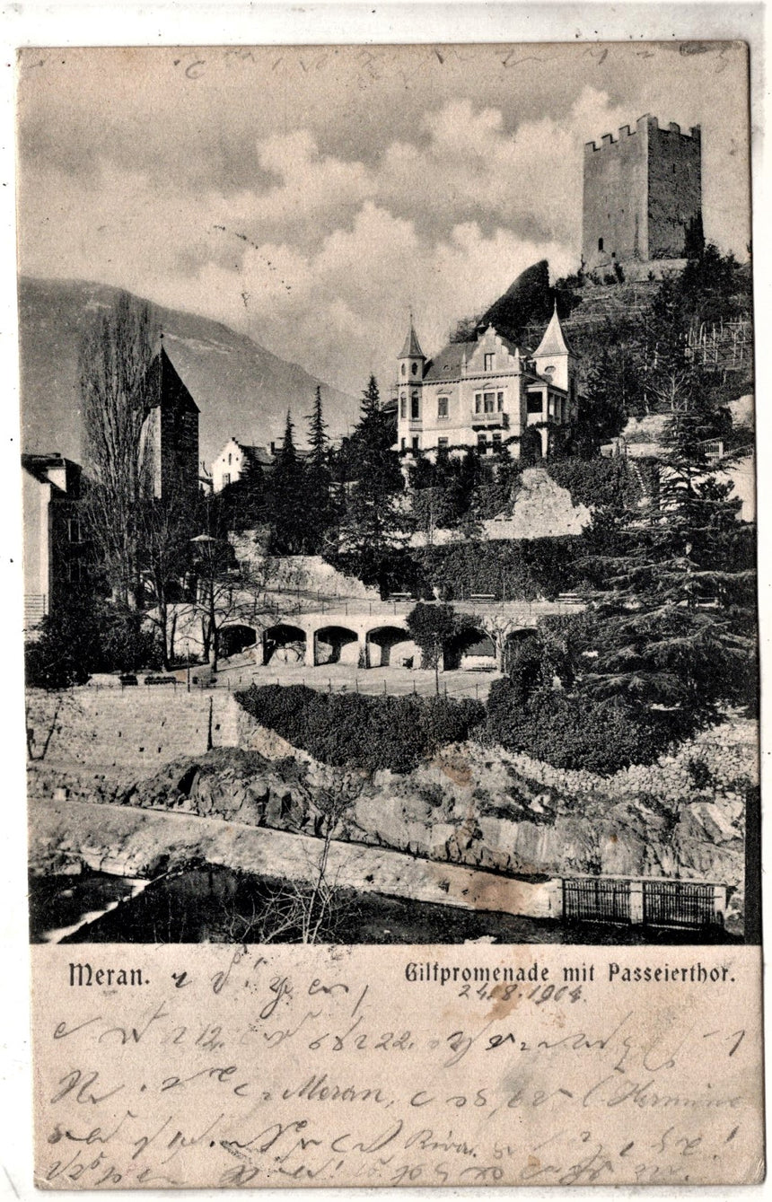 Cartolina antica Merano Meran Gilfpromenade mit Passeirthor