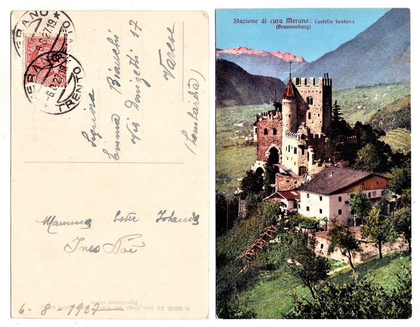 Cartolina antica Merano castell Fontana Merano-Trento