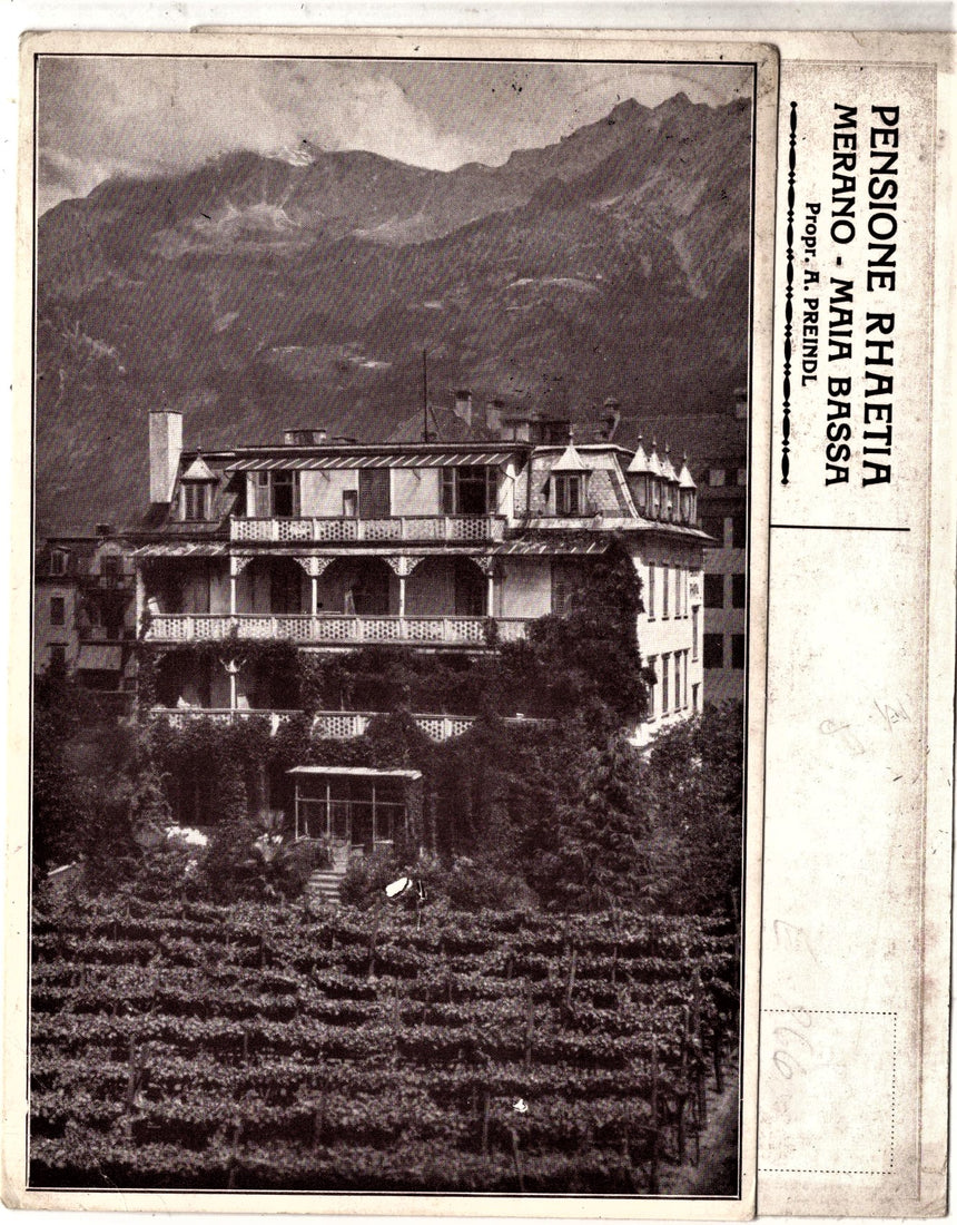 Cartolina antica Merano Pension Rhaetia Maia Bassa