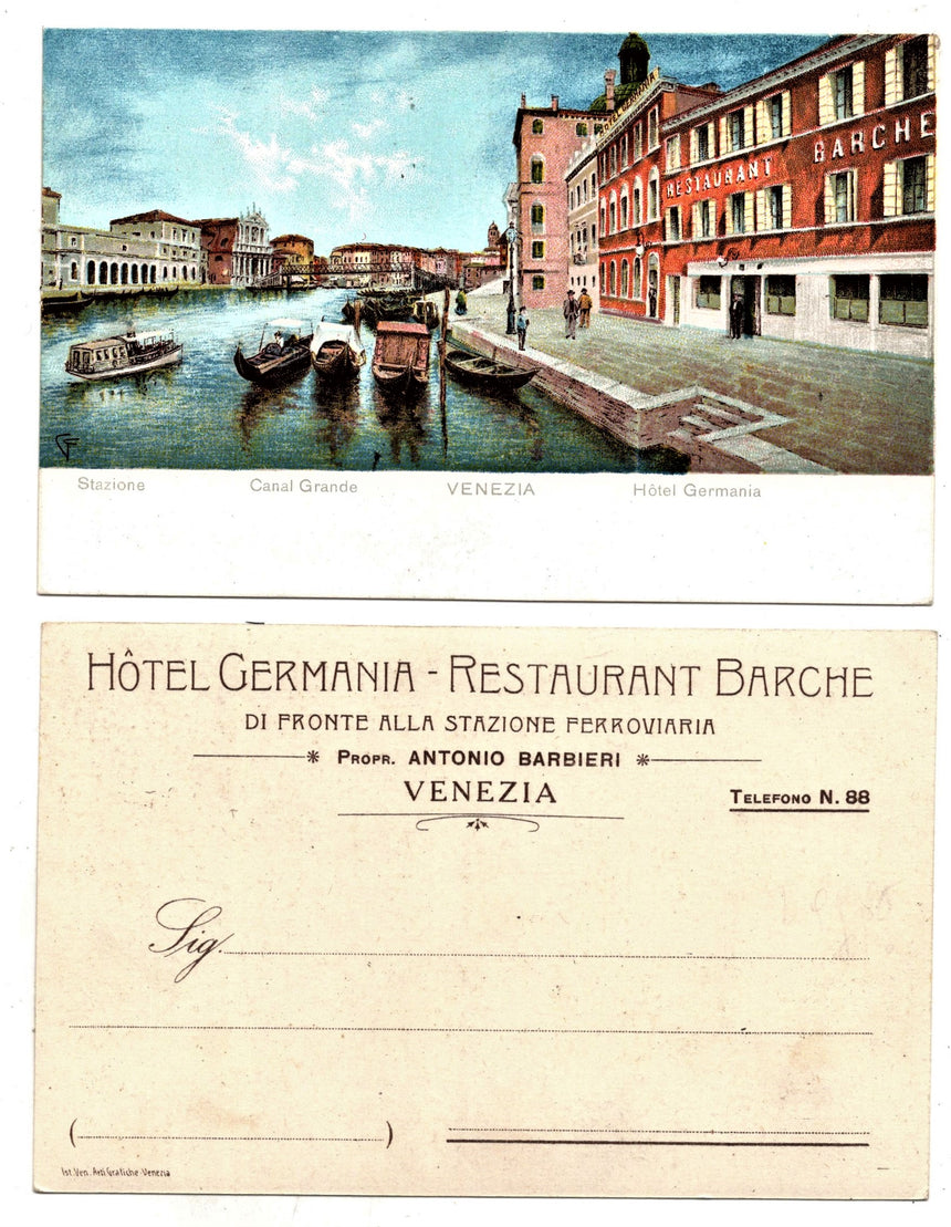 Cartolina antica Venezia Hotel Germania Restaurant Barche di A.Barbieri