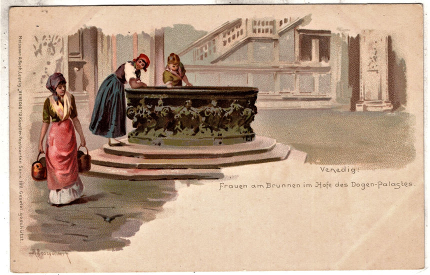 Cartolina antica Venezia Venedig Frauen am Brunnen im hofe Dogen Palast