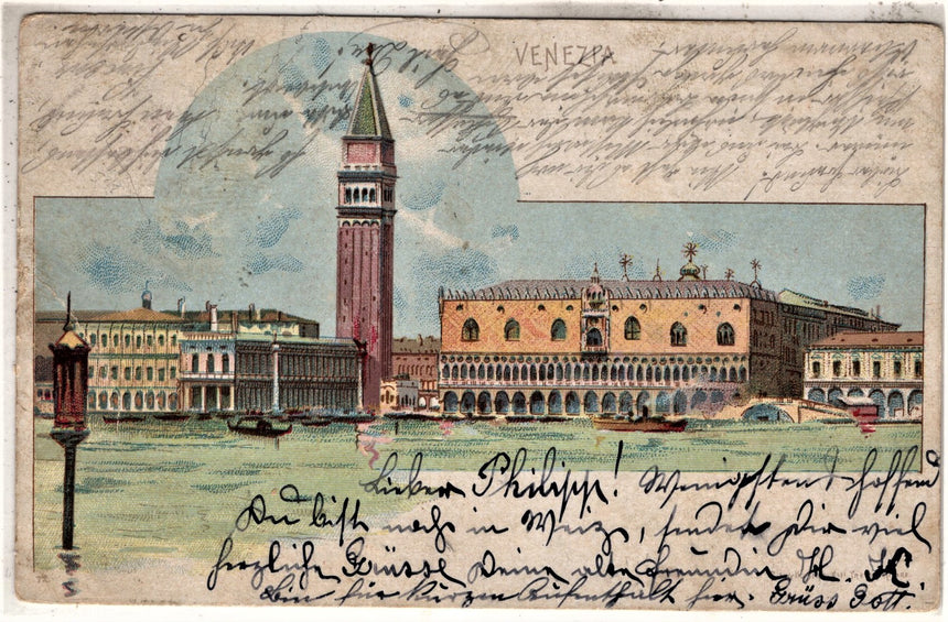 Cartolina antica Venezia campanile e piazza S.Marco