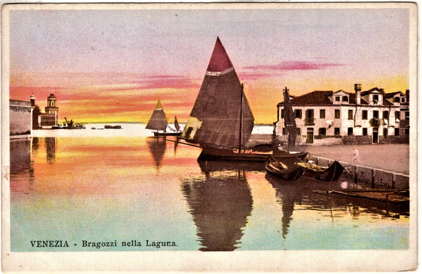 Cartolina antica Venezia Bragozzi nella Laguna