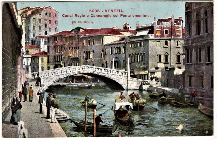 Cartolina antica Venezia Canal Reggio o Cannareggio con il ponte omonimo