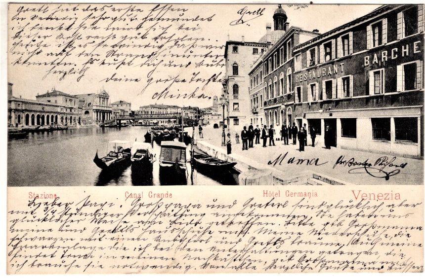 Cartolina antica Venezia Canal Grande Hotel Germania restaurant barche