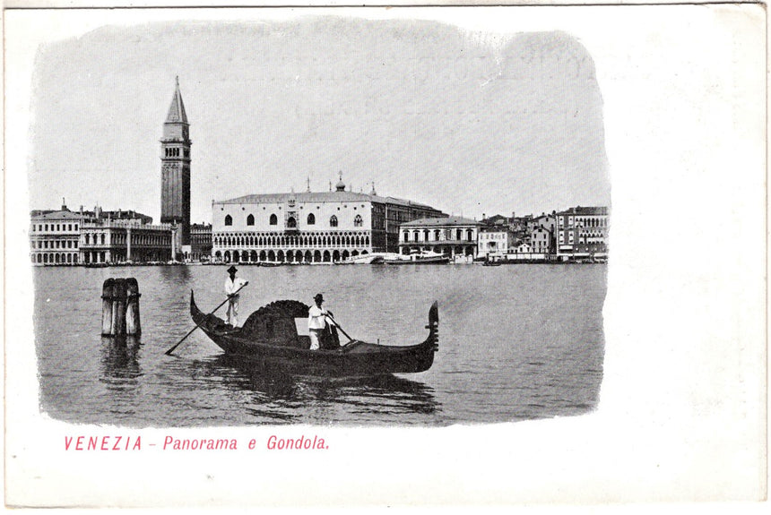 Cartolina antica Venezia panorama e gondola