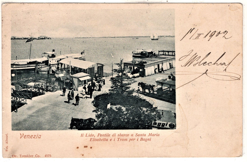 Cartolina antica Venezia Lido portile a S.Maria e tram per Bagni