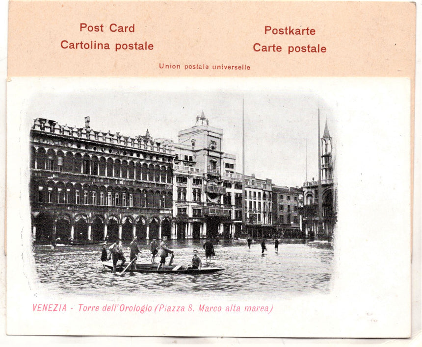 Cartolina antica Venezia Torre Orologio piazza S.Marco alta marea