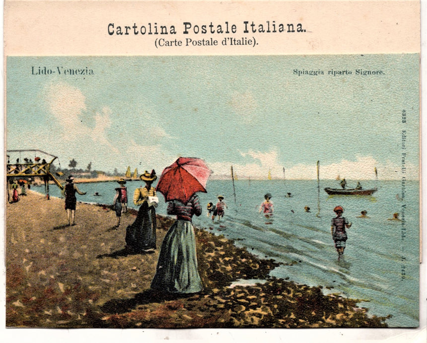 Cartolina antica Venezia Lido spiaggia riparto signore