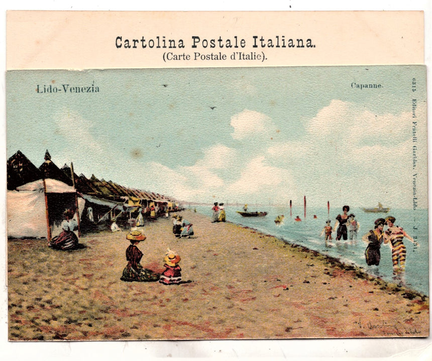 Cartolina antica Venezia Lido bagnanti e capanne