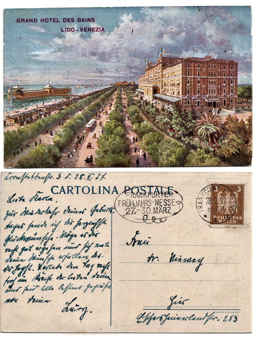 Cartolina antica Venezia Lido Grand Hotel des Bains Messe Frankfurter