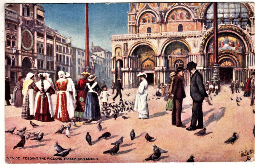 Cartolina antica Venezia piazza San Marco con piccioni Oilette