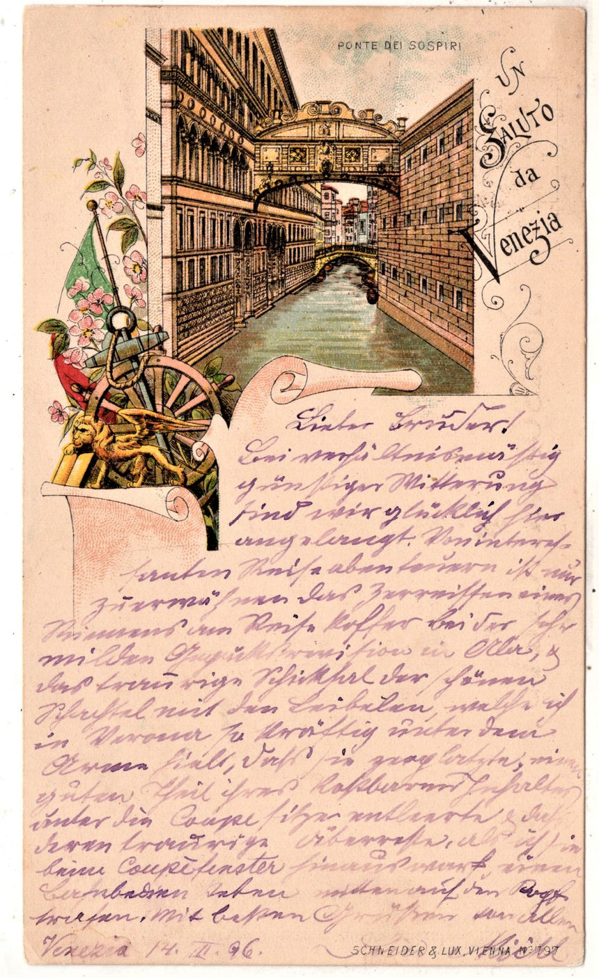 Cartolina antica Venezia Saluti da Venezia Ponte dei Sospiri