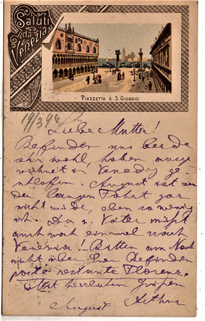 Cartolina antica Venezia Saluti da Venezia Piazzetta San Giorgio 1894