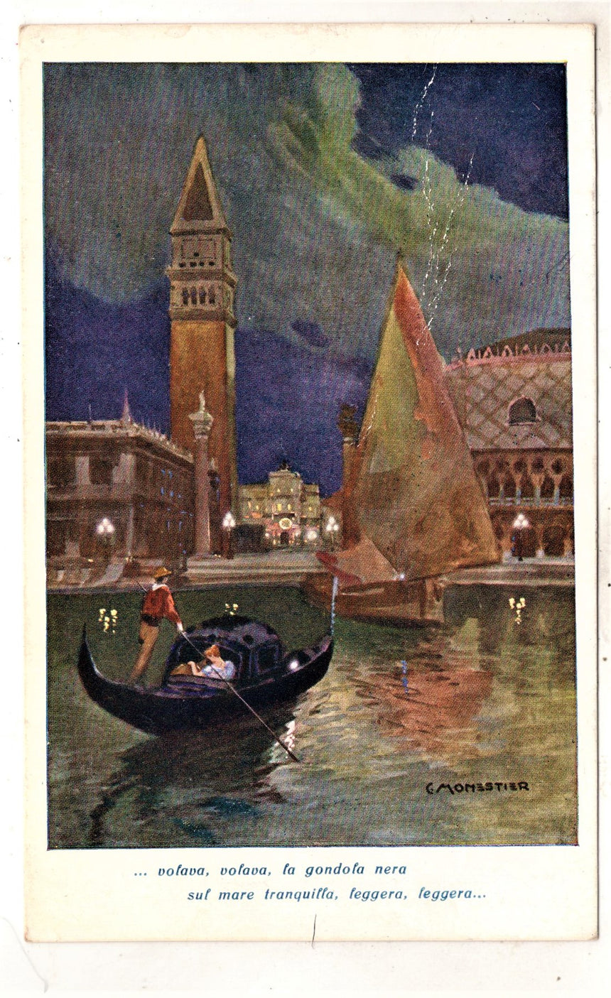 Cartolina antica Venezia volava volava la gondola nera spedita a Roma