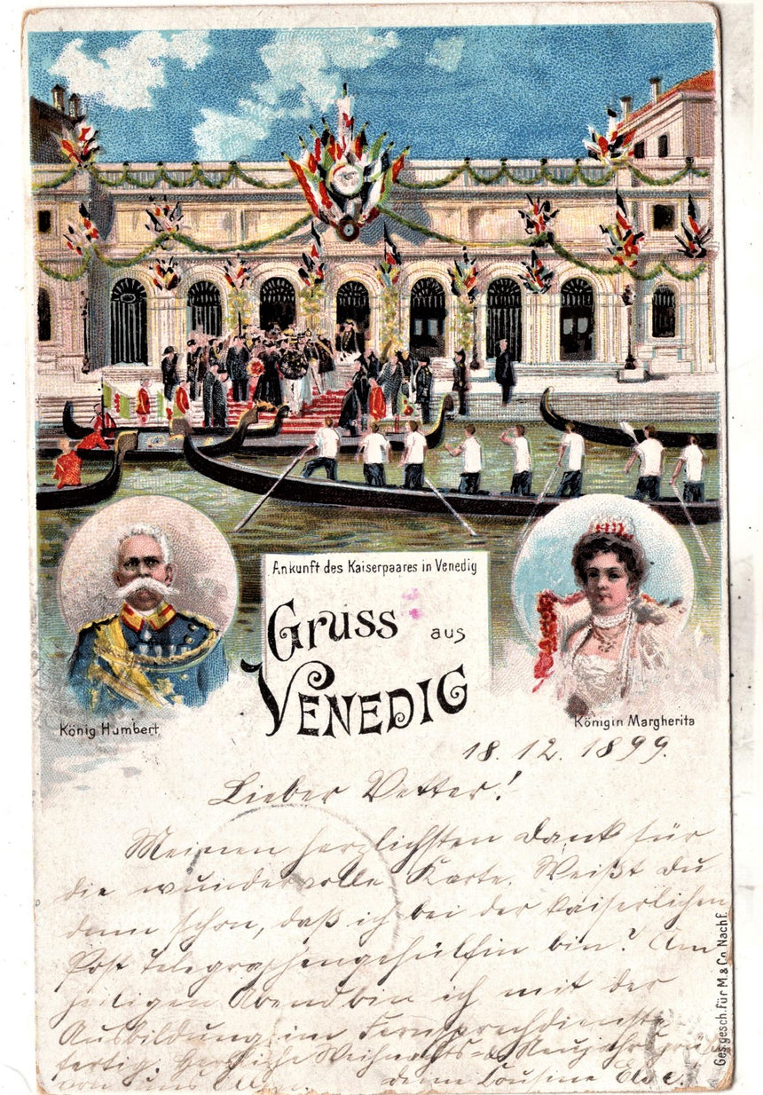 Cartolina antica Venezia Gruss aus Venedig Konig Humbert Konigin Margherita per Paris