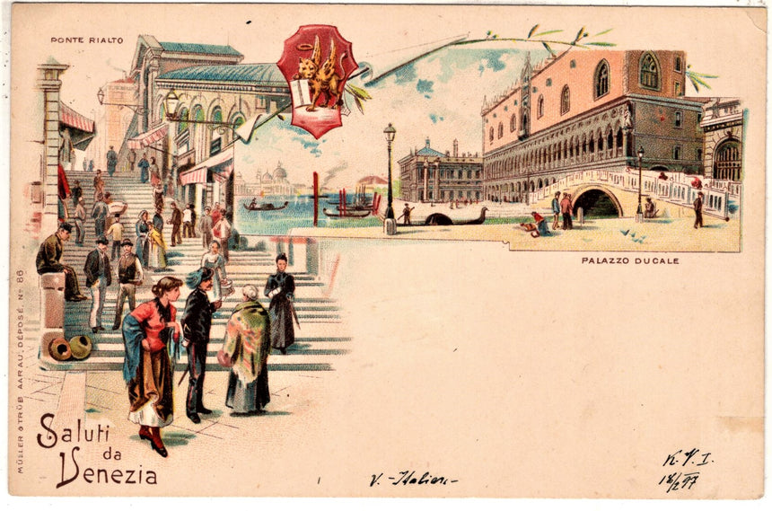 Cartolina antica Venezia saluti da Venezia Palazzo Ducale ponte Rialto