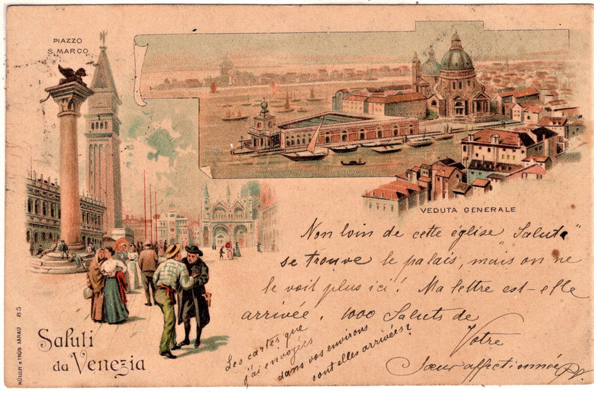 Cartolina antica Venezia saluti da Venezia veduta generale sped. In Austria