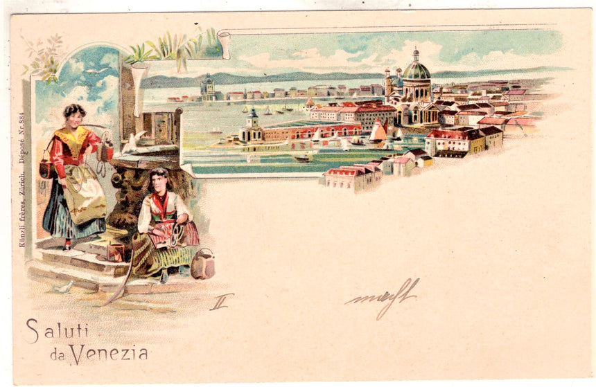 Cartolina antica Venezia Saluti da Venezia panorama spedita in Austria