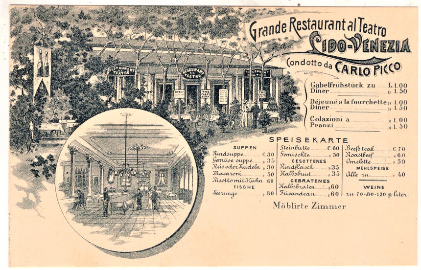 Cartolina antica Venezia Grande Restaurant al Teatro Lido Venezia da C.Picco